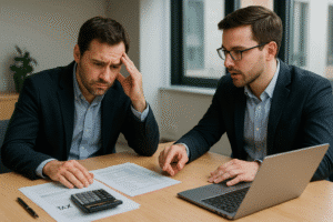 Empreendedor do e-commerce calculando o preçode venda preocupado impostos com contador em reunião de negócios