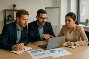 tres empreendedores fazendo gestao financeira